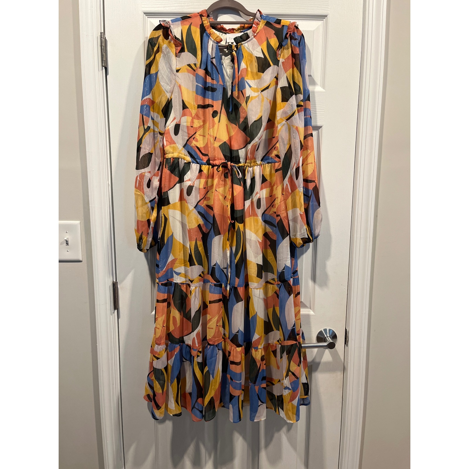 Sugarlips Abstract Botanical Metallic Stripe Tiered Midi Dress Multicolor Medium